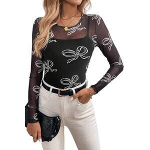 Black Round Neck Bow Print Long Sleeve Mesh Top New Sizes S M  XL